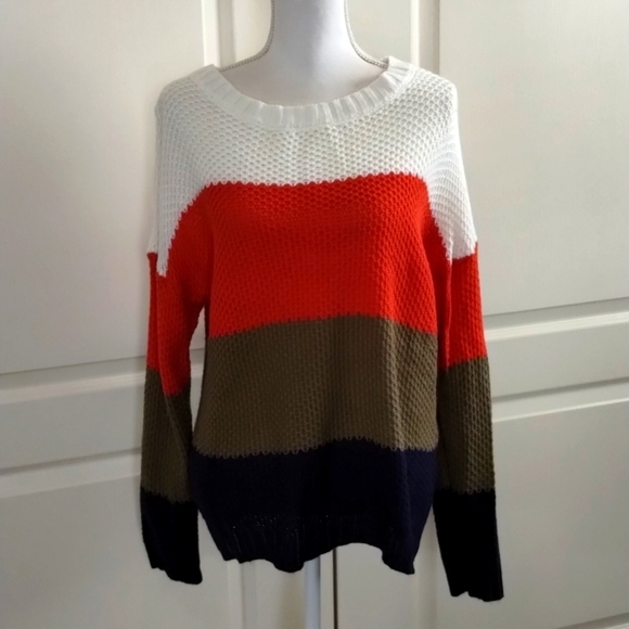 Color block sweater women's size Large orange navy olive and ivory striped - Picture 1 of 11